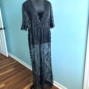 Charming Deep V Black Lace Sheer Robe, Cover-up, Dress